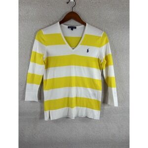 Polo Ralph Lauren Yellow White Rugby Stripe Cotton Lightweight Sweater Size M